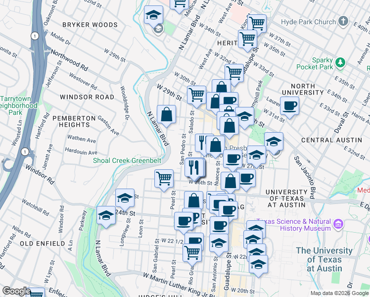 map of restaurants, bars, coffee shops, grocery stores, and more near 2614 San Pedro Street in Austin