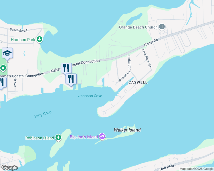 map of restaurants, bars, coffee shops, grocery stores, and more near 4610 White Avenue in Orange Beach