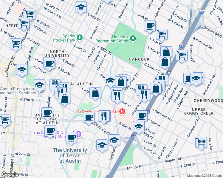map of restaurants, bars, coffee shops, grocery stores, and more near 3308 Hampton Road in Austin