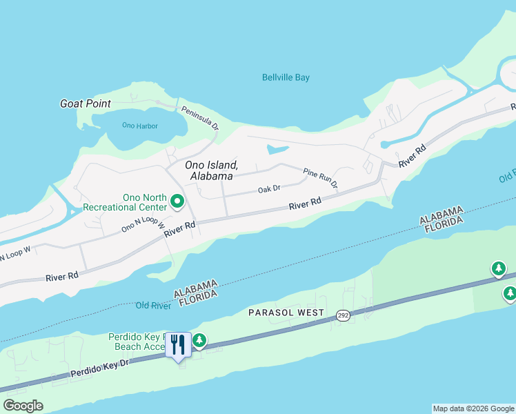 map of restaurants, bars, coffee shops, grocery stores, and more near 31220 River Road in Orange Beach
