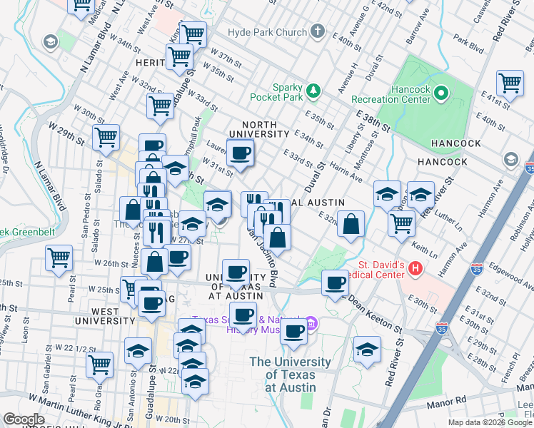 map of restaurants, bars, coffee shops, grocery stores, and more near 307 East 31st Street in Austin