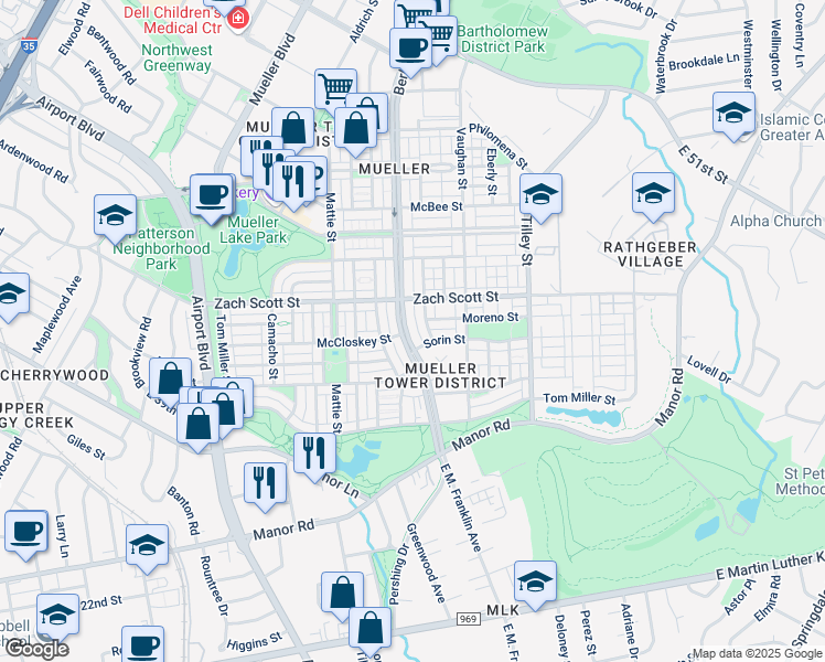 map of restaurants, bars, coffee shops, grocery stores, and more near in Austin