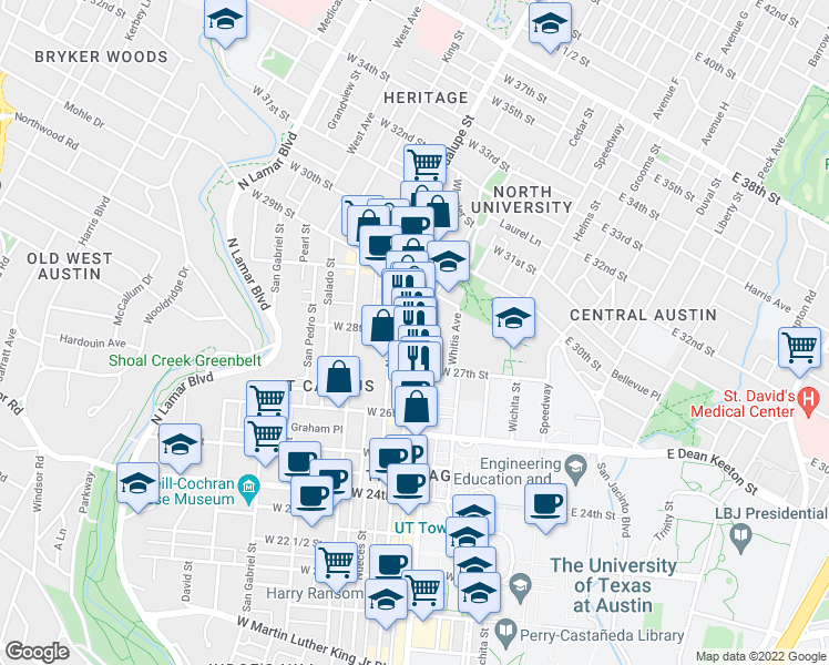 map of restaurants, bars, coffee shops, grocery stores, and more near Guadalupe St & W 28th St in Austin