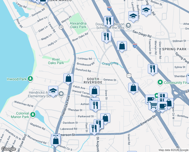 map of restaurants, bars, coffee shops, grocery stores, and more near 1812 Dunsford Road in Jacksonville
