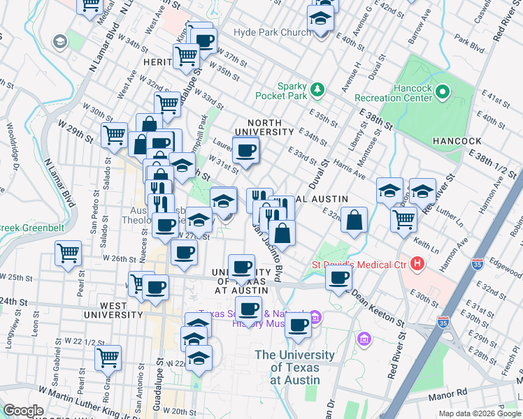 map of restaurants, bars, coffee shops, grocery stores, and more near 300 East 30th Street in Austin