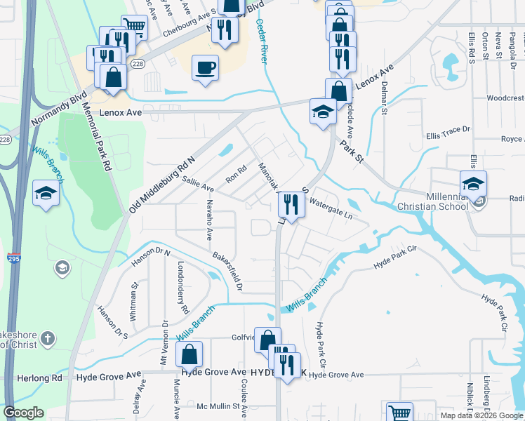 map of restaurants, bars, coffee shops, grocery stores, and more near 1442 Manotak Point Drive in Jacksonville