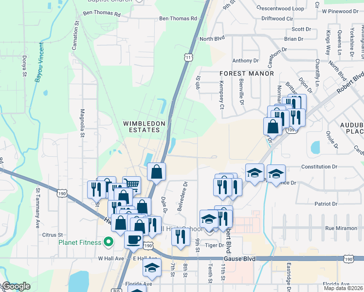 map of restaurants, bars, coffee shops, grocery stores, and more near 332 Alan Circle in Slidell
