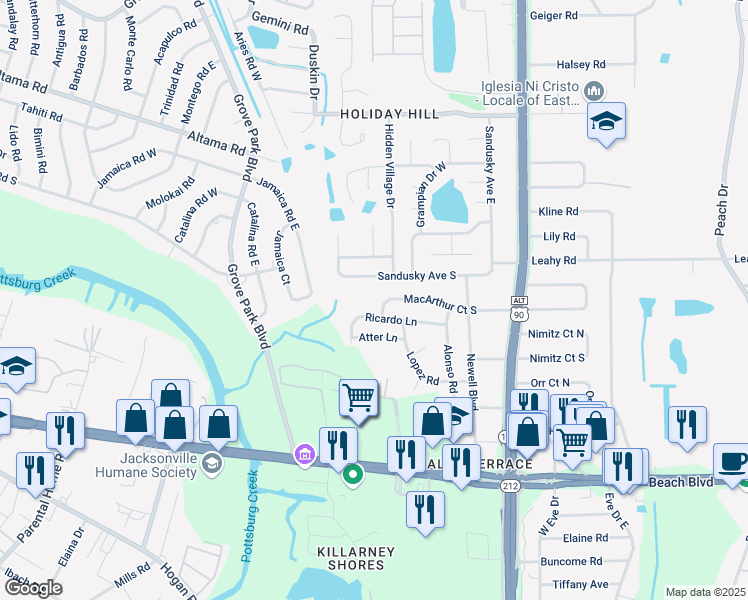 map of restaurants, bars, coffee shops, grocery stores, and more near 8838 Sandusky Avenue West in Jacksonville