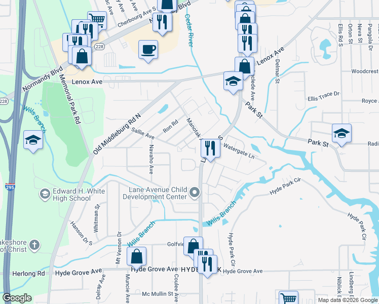 map of restaurants, bars, coffee shops, grocery stores, and more near 6788 Manotak Oaks Drive in Jacksonville