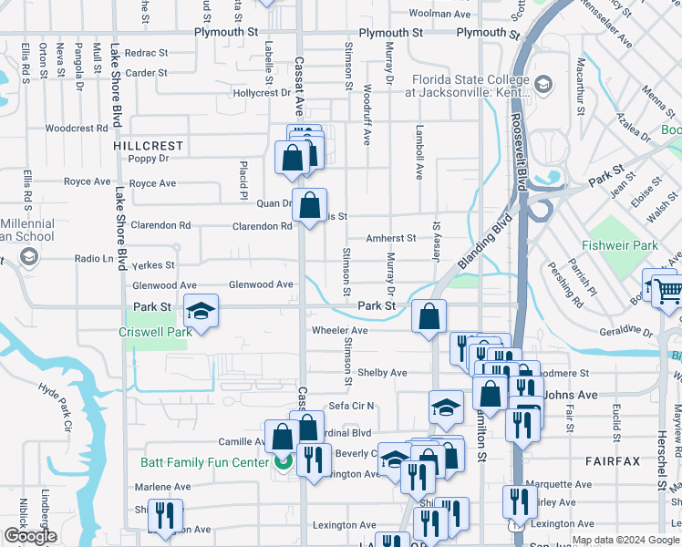 map of restaurants, bars, coffee shops, grocery stores, and more near 1480 Stimson Street in Jacksonville
