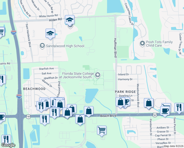map of restaurants, bars, coffee shops, grocery stores, and more near in Jacksonville