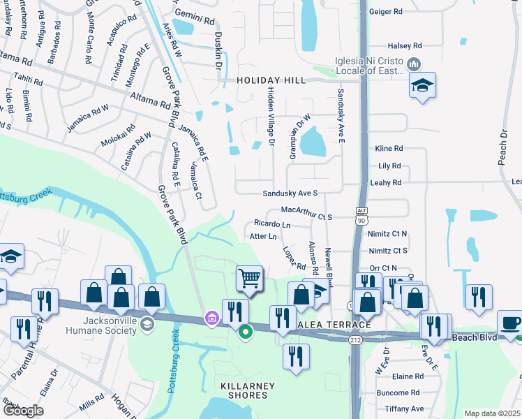 map of restaurants, bars, coffee shops, grocery stores, and more near 8838 Sandusky Avenue West in Jacksonville