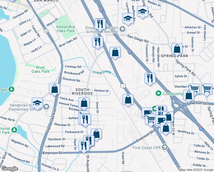 map of restaurants, bars, coffee shops, grocery stores, and more near 2165 Dunsford Terrace in Jacksonville