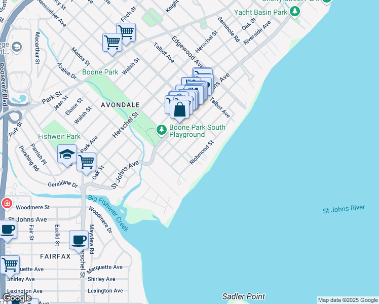 map of restaurants, bars, coffee shops, grocery stores, and more near 3680 Pine Street in Jacksonville
