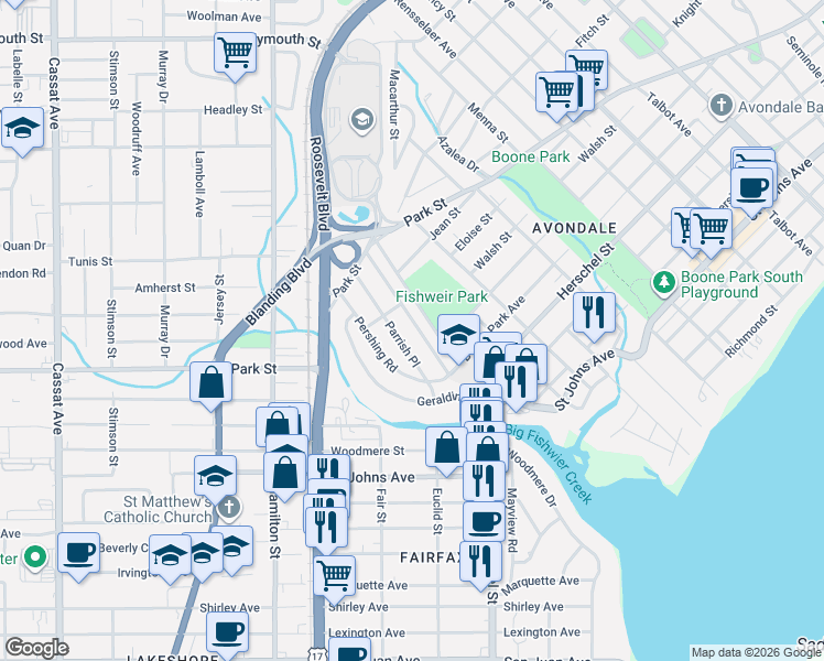 map of restaurants, bars, coffee shops, grocery stores, and more near 1604 Charon Road in Jacksonville