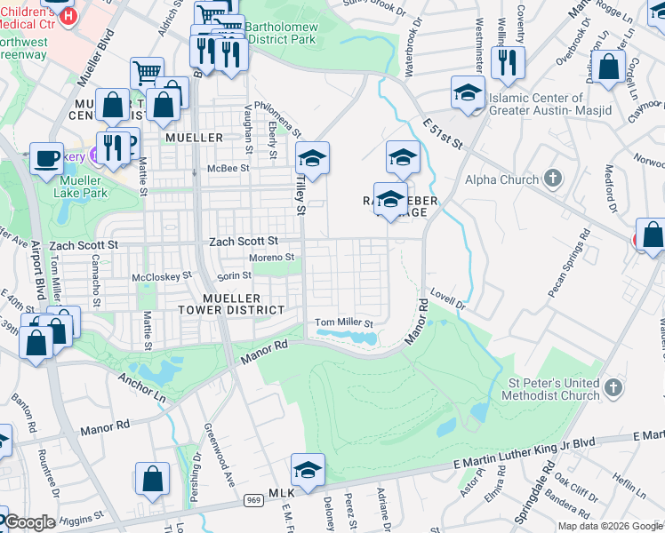 map of restaurants, bars, coffee shops, grocery stores, and more near Taniguchi Street in Austin