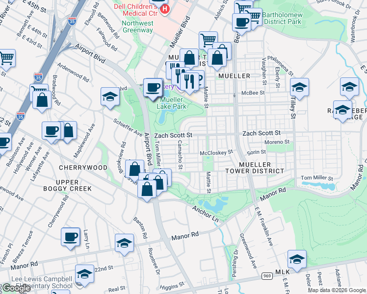map of restaurants, bars, coffee shops, grocery stores, and more near 1945 Zach Scott Street in Austin