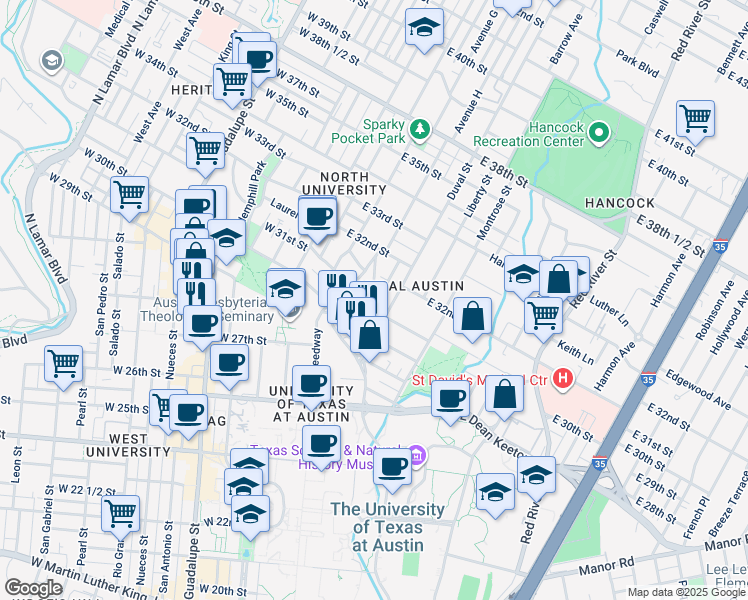 map of restaurants, bars, coffee shops, grocery stores, and more near 3111 Tom Green Street in Austin