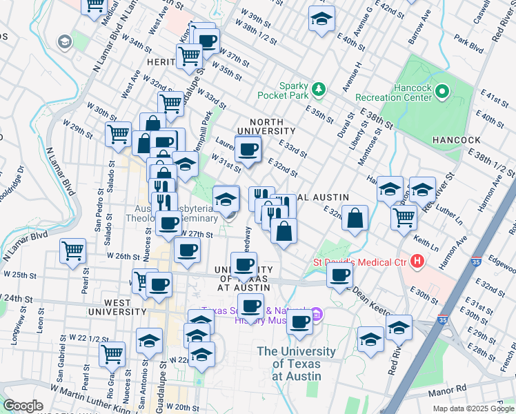 map of restaurants, bars, coffee shops, grocery stores, and more near 3006 Speedway in Austin