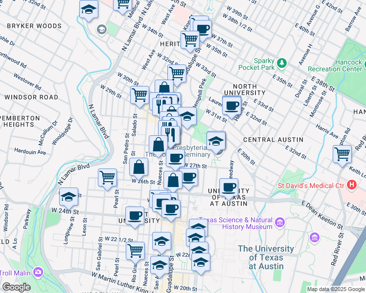 map of restaurants, bars, coffee shops, grocery stores, and more near 2801 Guadalupe Street in Austin