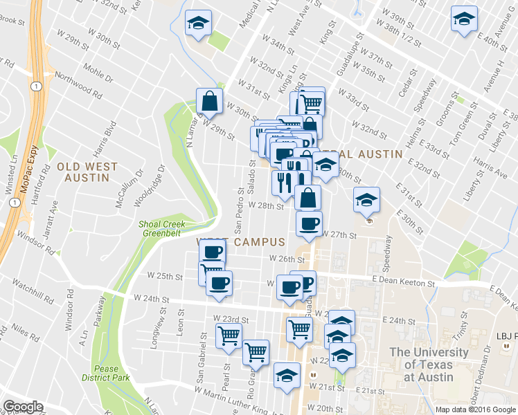 map of restaurants, bars, coffee shops, grocery stores, and more near 2804 Rio Grande Street in Austin