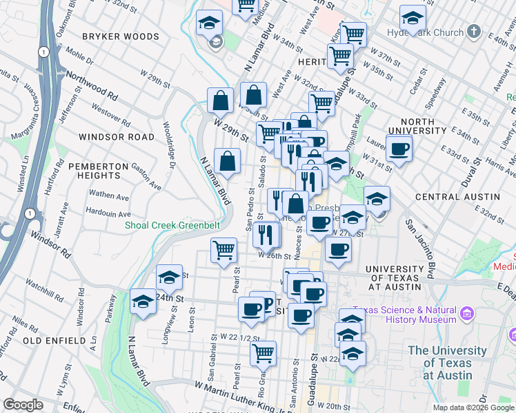 map of restaurants, bars, coffee shops, grocery stores, and more near 2806 San Pedro Street in Austin