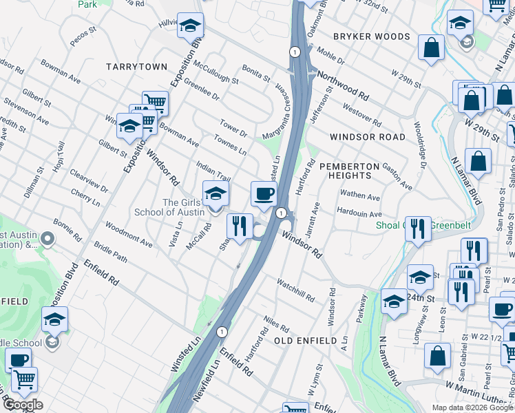 map of restaurants, bars, coffee shops, grocery stores, and more near 2006 Indian Trail in Austin