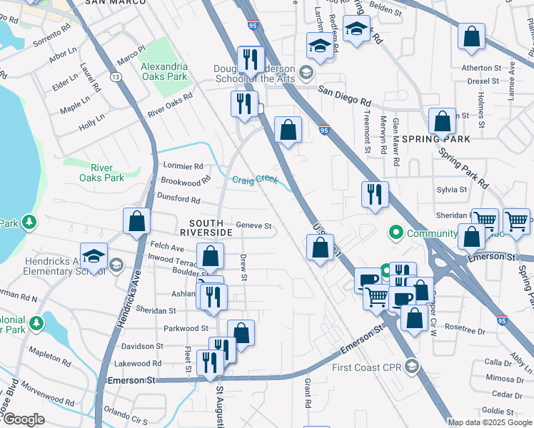 map of restaurants, bars, coffee shops, grocery stores, and more near 2166 Dunsford Terrace in Jacksonville