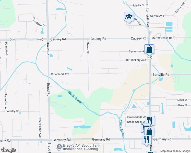 map of restaurants, bars, coffee shops, grocery stores, and more near 40270 Woodland Avenue in Gonzales