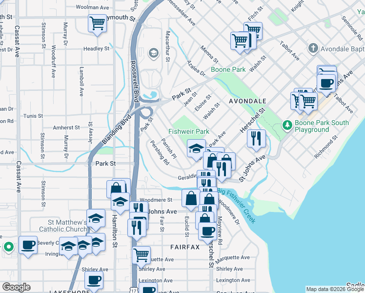 map of restaurants, bars, coffee shops, grocery stores, and more near in Jacksonville