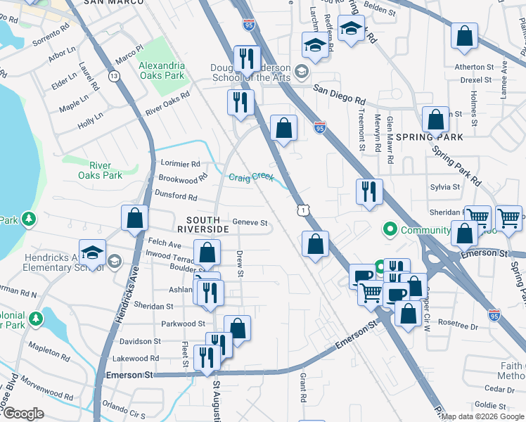 map of restaurants, bars, coffee shops, grocery stores, and more near 2165 Dunsford Terrace in Jacksonville