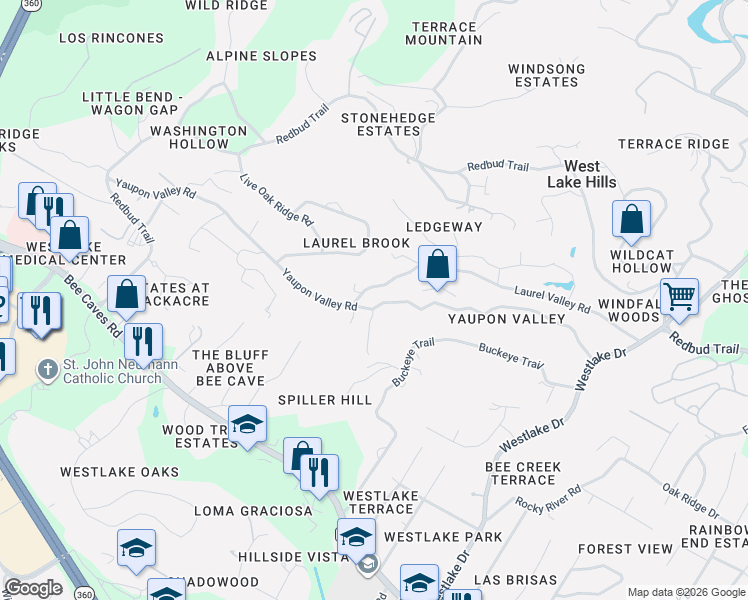 map of restaurants, bars, coffee shops, grocery stores, and more near 720 Yaupon Valley Road in West Lake Hills