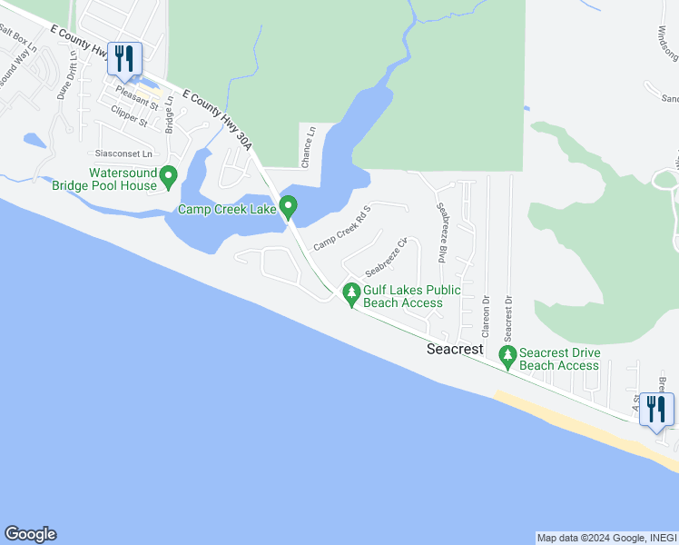 map of restaurants, bars, coffee shops, grocery stores, and more near 95 Seabreeze Court in Panama City Beach