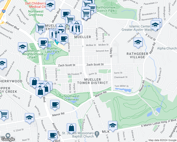 map of restaurants, bars, coffee shops, grocery stores, and more near 4206 Nitschke Street in Austin