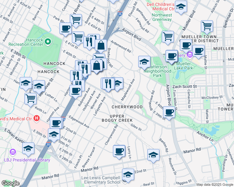 map of restaurants, bars, coffee shops, grocery stores, and more near 3808 Maplewood Avenue in Austin