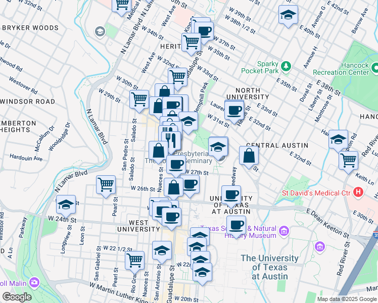map of restaurants, bars, coffee shops, grocery stores, and more near 2808 Whitis Avenue in Austin