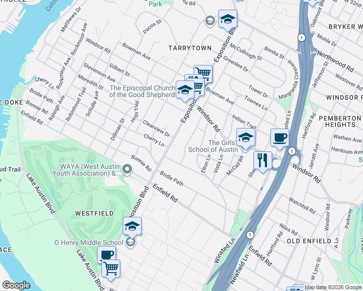 map of restaurants, bars, coffee shops, grocery stores, and more near 1806 Stamford Lane in Austin