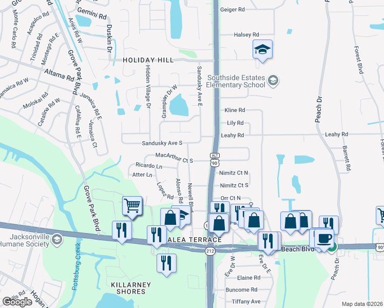 map of restaurants, bars, coffee shops, grocery stores, and more near 8964 Sandusky Avenue East in Jacksonville