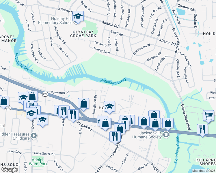 map of restaurants, bars, coffee shops, grocery stores, and more near 1530 El Prado Road in Jacksonville