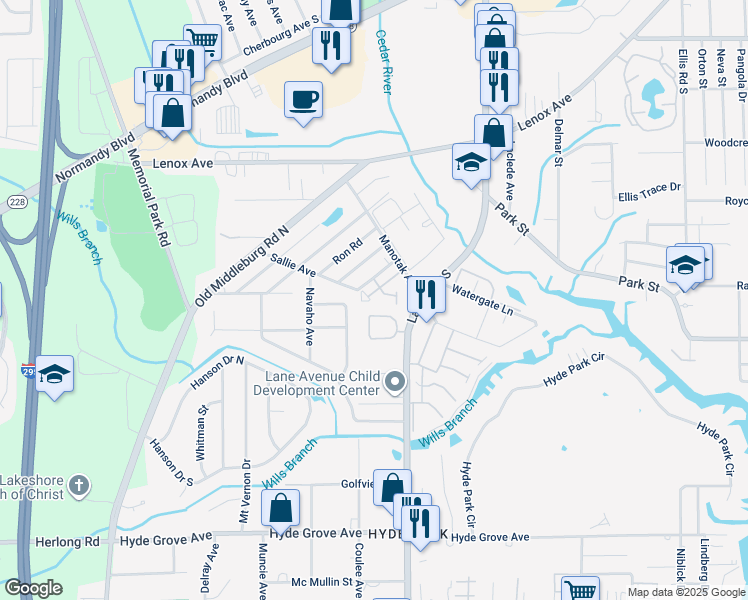 map of restaurants, bars, coffee shops, grocery stores, and more near 1442 Manotak Point Drive in Jacksonville
