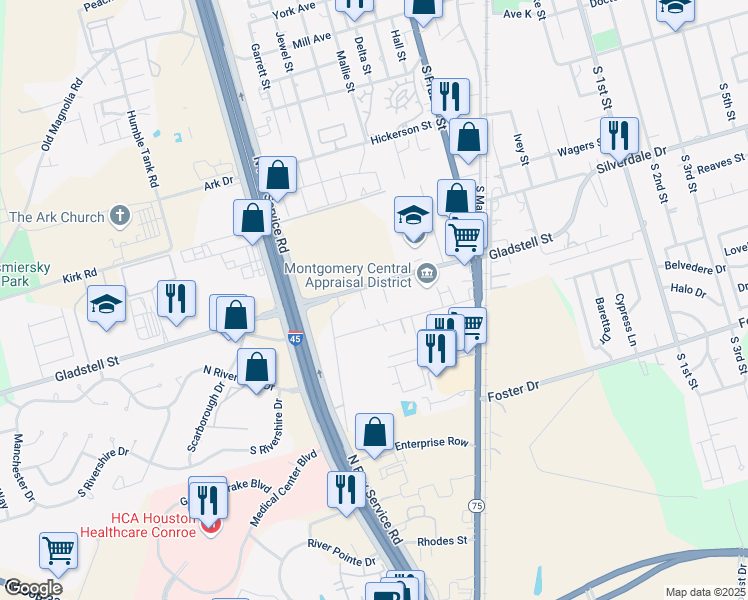 map of restaurants, bars, coffee shops, grocery stores, and more near 311 Gladstell Street in Conroe