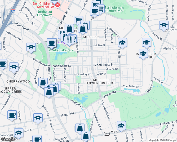 map of restaurants, bars, coffee shops, grocery stores, and more near 4137 Threadgill Street in Austin
