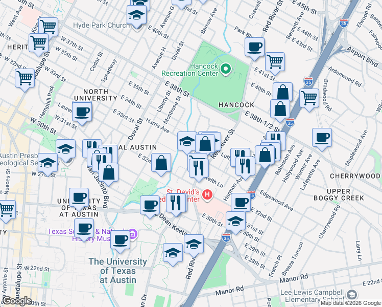 map of restaurants, bars, coffee shops, grocery stores, and more near in Austin