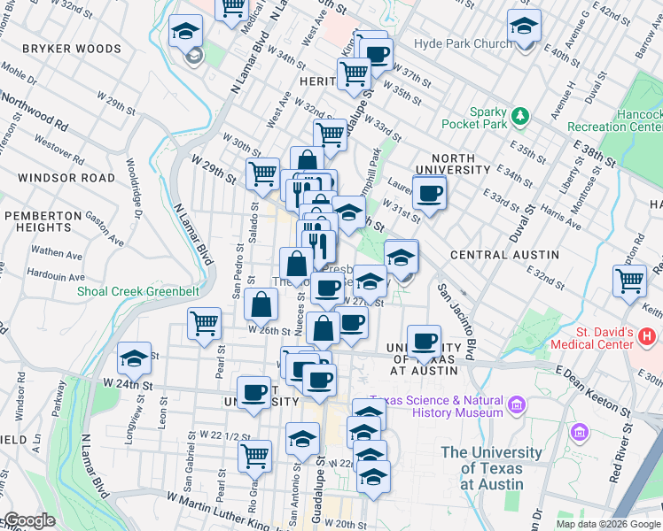 map of restaurants, bars, coffee shops, grocery stores, and more near 2801 Guadalupe Street in Austin