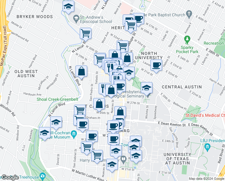 map of restaurants, bars, coffee shops, grocery stores, and more near 2806 Nueces Street in Austin