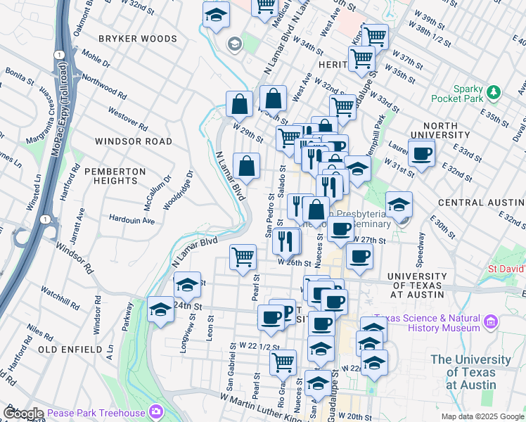 map of restaurants, bars, coffee shops, grocery stores, and more near 2806 San Pedro Street in Austin