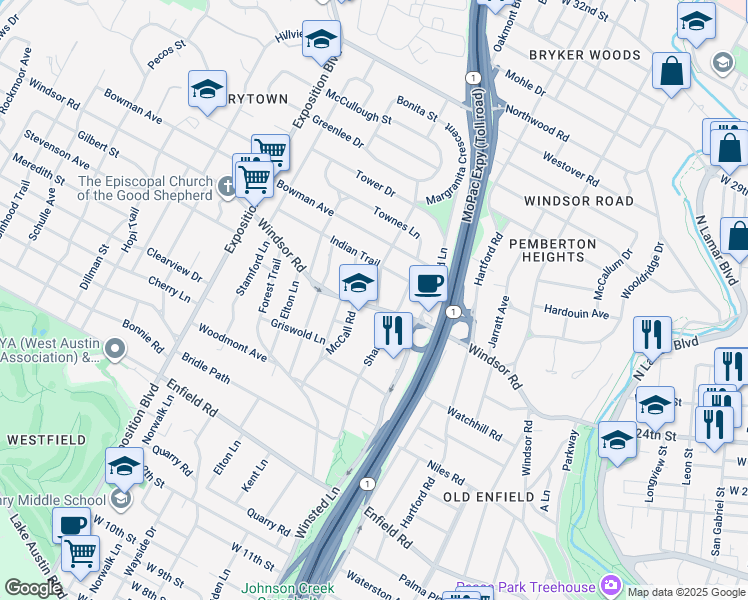 map of restaurants, bars, coffee shops, grocery stores, and more near 2413 Dormarion Lane in Austin