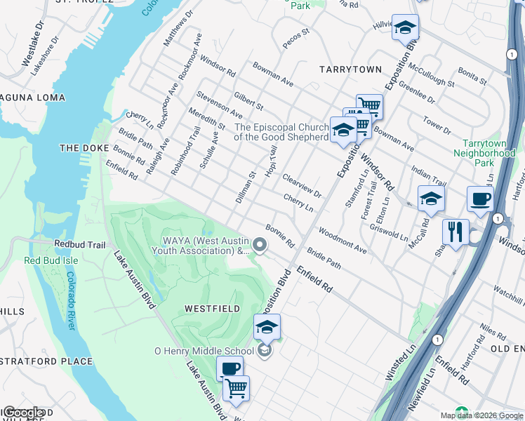 map of restaurants, bars, coffee shops, grocery stores, and more near 3200 Bridle Path in Austin