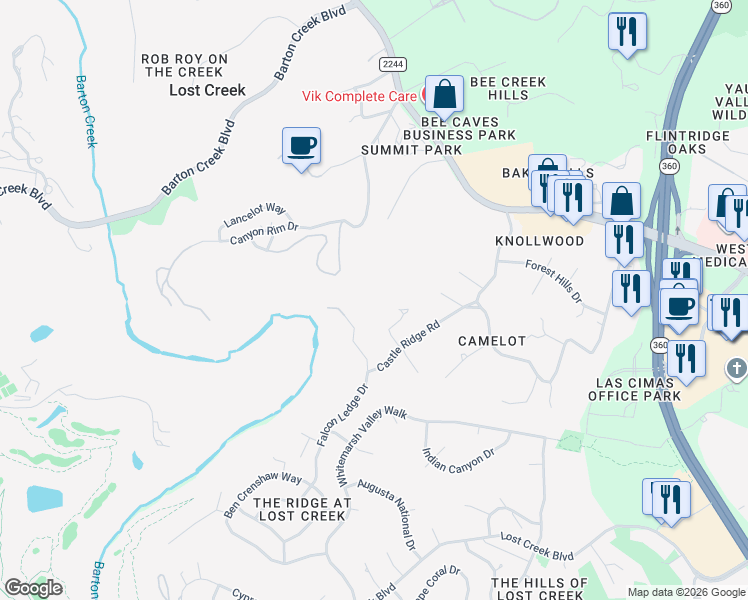 map of restaurants, bars, coffee shops, grocery stores, and more near 1002 Jousting Place in Austin