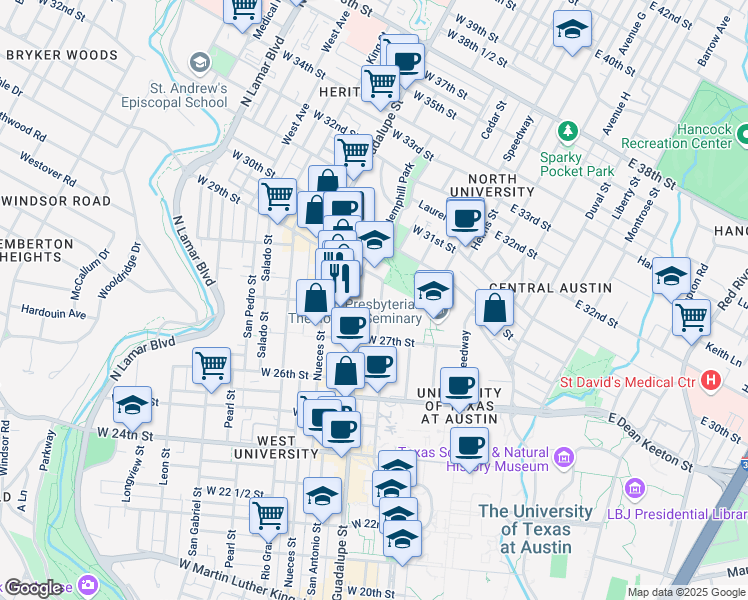 map of restaurants, bars, coffee shops, grocery stores, and more near 2802 Whitis Avenue in Austin